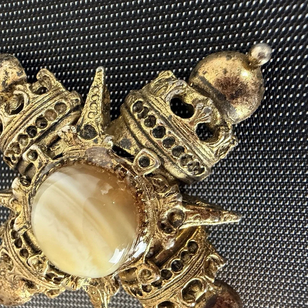 Gold Tone Cross Brooch Pin White Glass Stone Costume